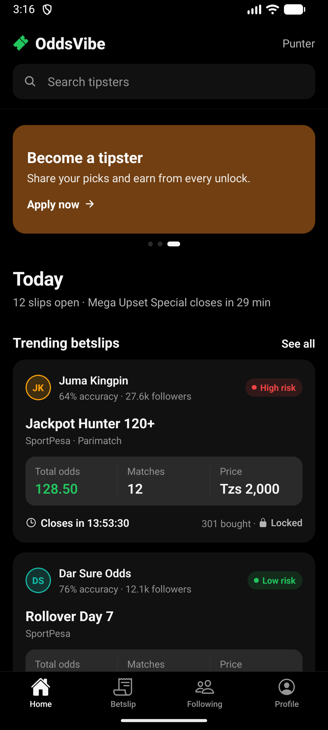 OddsVibe home screen listing trending betslips with odds, price and a closing countdown