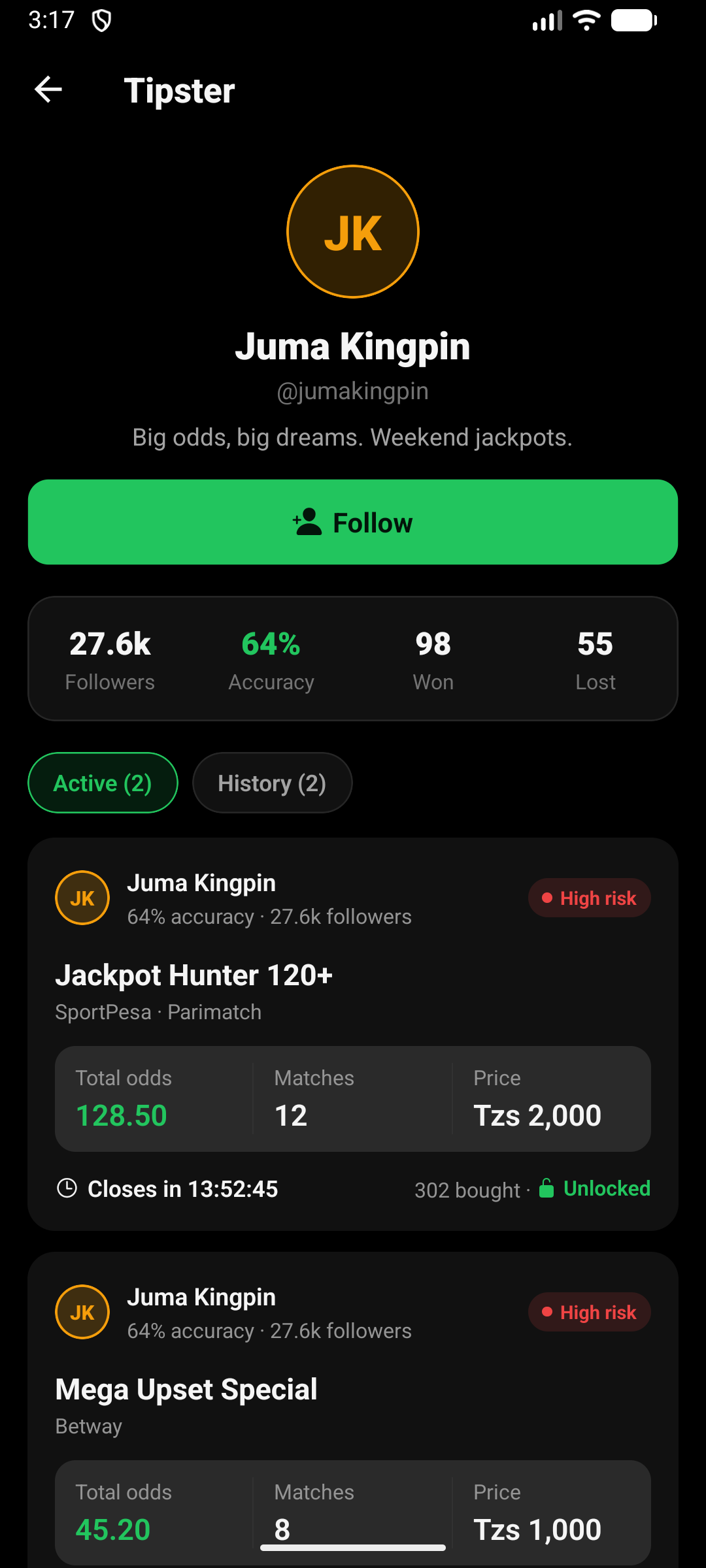 A tipster profile with followers, accuracy, slips won and lost